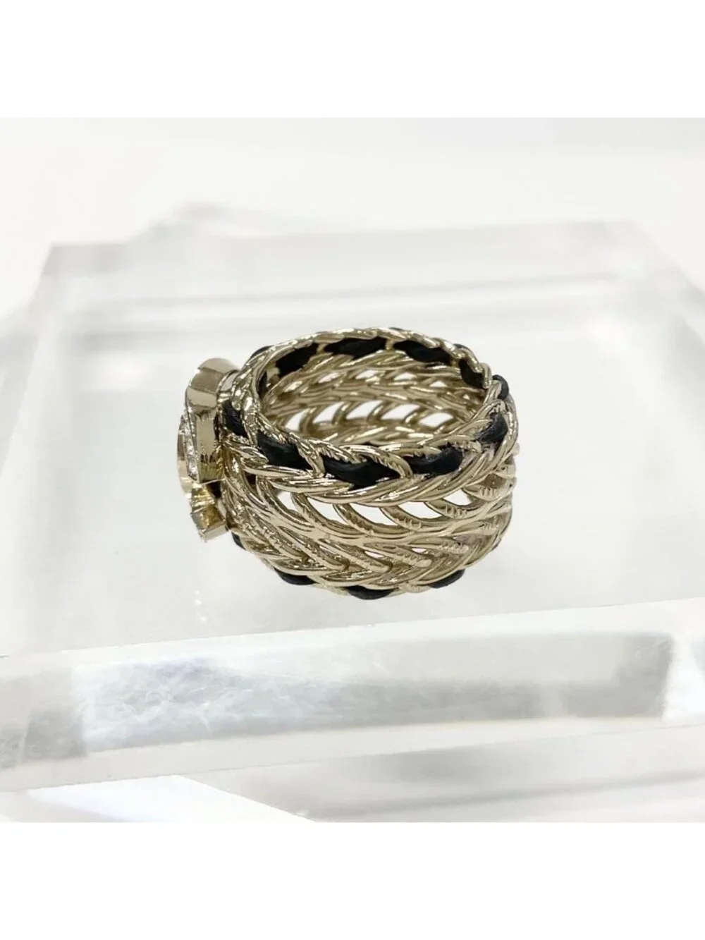 Chanel CC Logo Rhinestone Leather Ring Gold